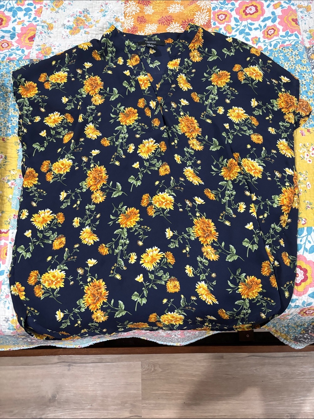 Forever 21 Navy Floral Top with Yellow and Green Print